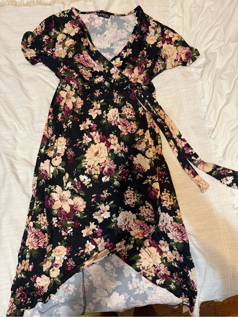 Floral Wrap Midi Dress - Black with Cream & Burgundy Flowers, maternity, Size L
